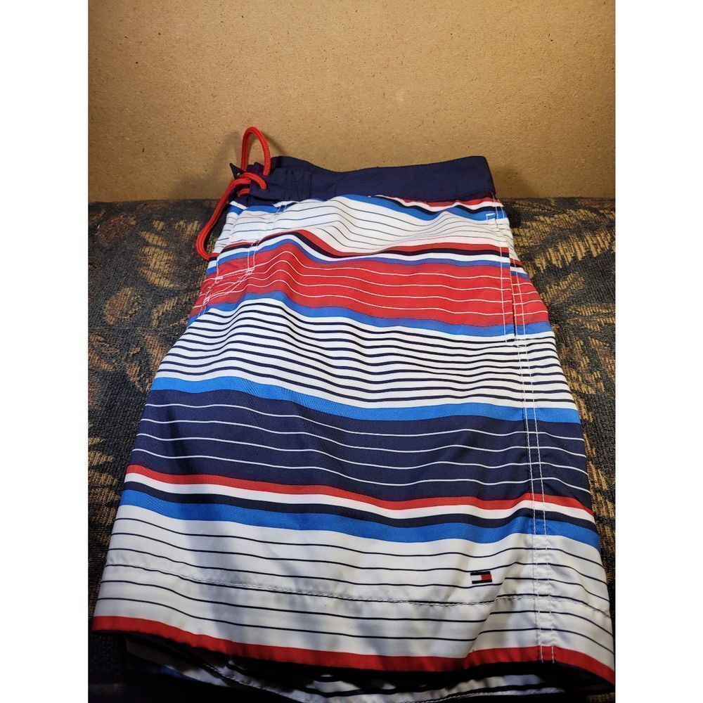 Tommy Hilfiger Men's Red, White, and Blue Striped Swim Trunks- Size XL